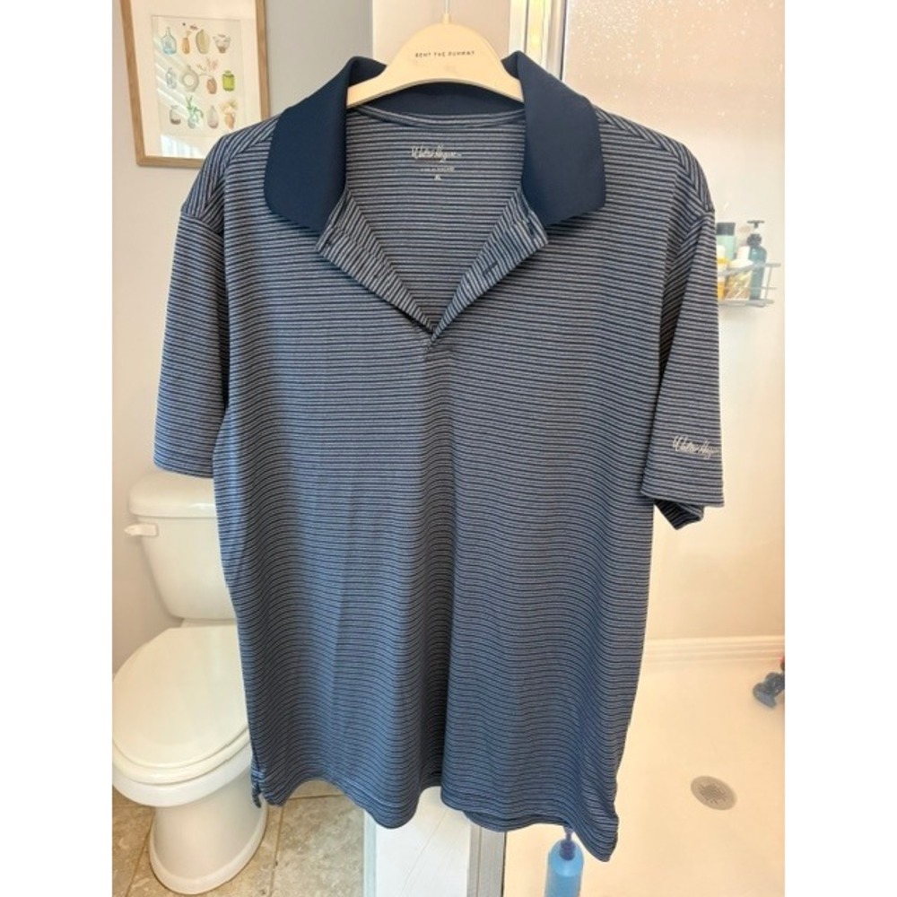 Walter Hagen Essentials Men's XL Blue Grey Striped Golf Polo Performance Shirt
